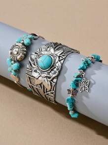 3入組多彩波西米亞風格珠飾手鐲和項鍊,附有綠松石、蓮花、大象、蝴蝶吊墜,是假日情侶送禮的完美選擇 - 彩色 - 查看 4