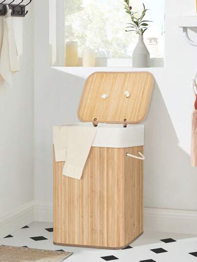 SONGMICS Cesto portabiancheria con coperchio, 72L, pieghevole, con borsa rimovibile lavabile, maniglie, per lavanderia, camera da letto,colore legnoso, Ritorno a Scuola