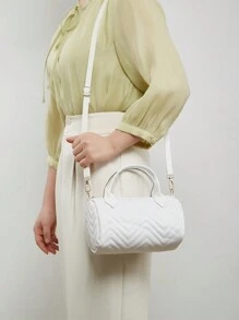 Chevron Detail Boston Bag Double Handle With Zipper White PU Embossing Butterfly Decor Crossbody Bag PU Leather Textured Bag Classic Fashion Versatile Shoulder Bag - White - View 3