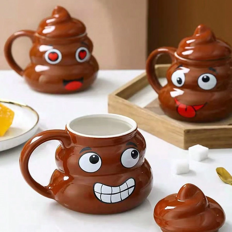 1pc Cute Poop Emoji Ceramic Mug, Funny Expression Design Drinking Cup Toy [Pattern Random Shipping] - Brown - View 1