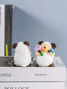 4pcs Rural Style Resin Sheep Sculpture, Cartoon & Cute Sheep Figurine, Home Decoration Ornament For Living Room, Balcony, Garden - Purple - View 4