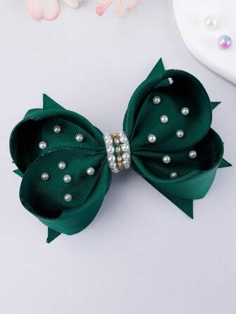 1pc Dark Green Bubble Flower & Pearl Decor Bowknot Hair Clip