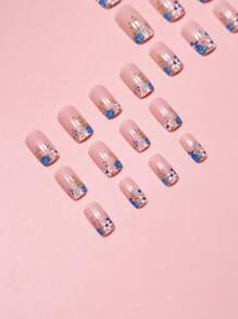 Sanrio 24入組長方形花葉圖案假指甲及1pc指甲文件及1片膠帶壓縮式指甲美容用品，即時提升你的外觀 - 彩色 - 查看 3