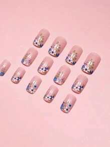 Sanrio 24入組長方形花葉圖案假指甲及1pc指甲文件及1片膠帶壓縮式指甲美容用品，即時提升你的外觀 - 彩色 - 查看 4