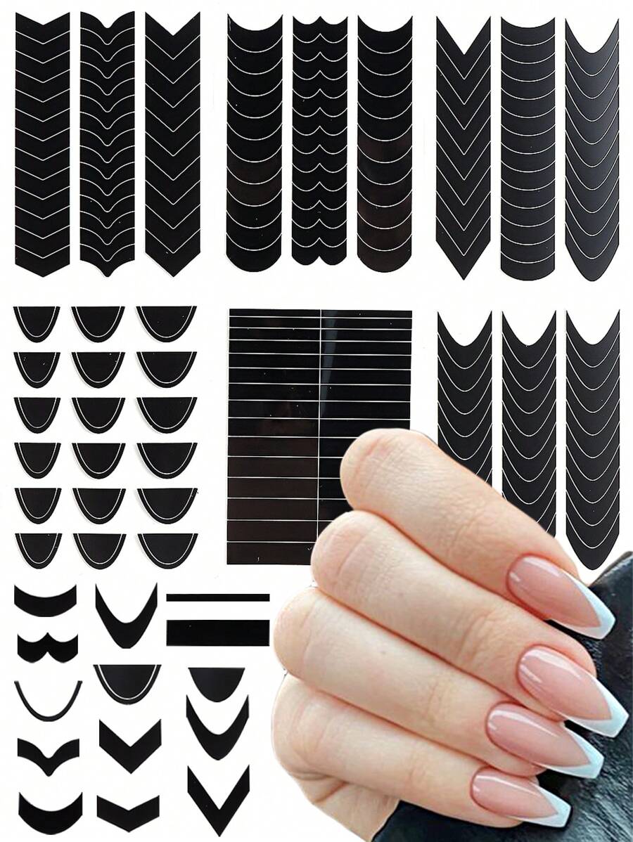 6 Packs French Manicure Stickers, French Cutout Decoupage Stickers, Self-Adhesive French Manicure Strips Guide Edge Aid, DIY Manicure Design For Beginners, Wavy Line Manicure Tips Guide Sticker Template Strips Nail Art Tools - Black - View 1