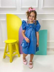 Meninas Crianças Vestido Jeans de Laço com Bolsinha Jeans
