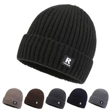 1pc New Style Men's Knitted Hat With Thermal Lined , Ear Protection And Fashionable Patch Decor For Outdoor Activities - Khaki - View 1