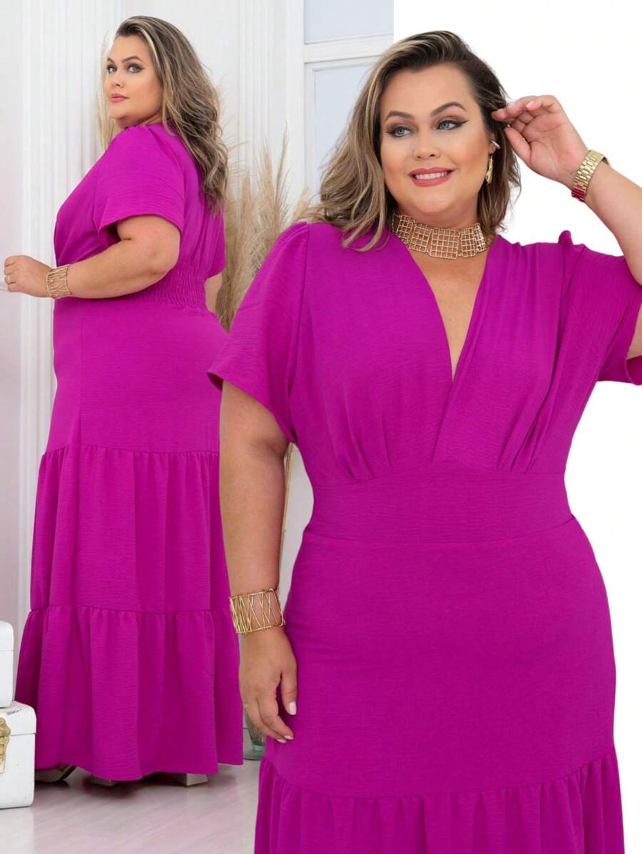 Vestido Madrinha De Casamento Manga Elegante Linha Gold - Fúcsia - Visão 1