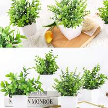 1PC/2PCS/3PCS/4PCS White Flower Pots Artificial Plants With Small Artificial Fake Plants, Including Flower Pots For Indoor Home Decoration, Office Centerpieces, Bathroom And Bedroom Decoration, With Plastic Eucalyptus And Miniature Wheatgrass Plants, Perfect For Indoor Desk Artificial Plant Decoration