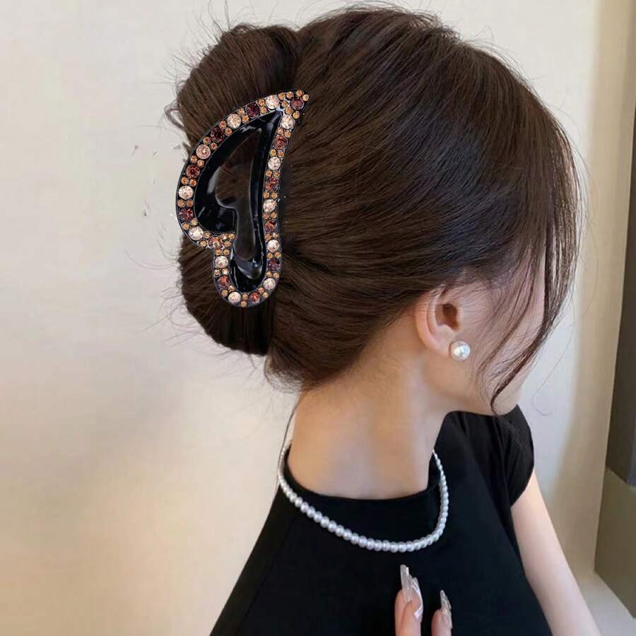 1 件簡單髮夾髮夾髮夾,大尺寸心形髮夾成人新穎頭飾,優雅水鑽髮飾 - 香檳色 - 查看 1
