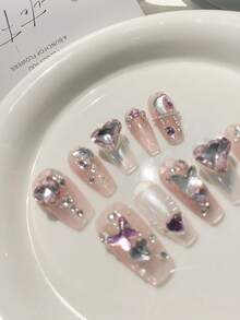 10入組浪漫粉紅圖案假指甲套裝，棺材形狀，長度較長，可拆卸重複使用，適用於女孩和女性貼片式美甲裝飾套件 - 彩色 - 查看 4