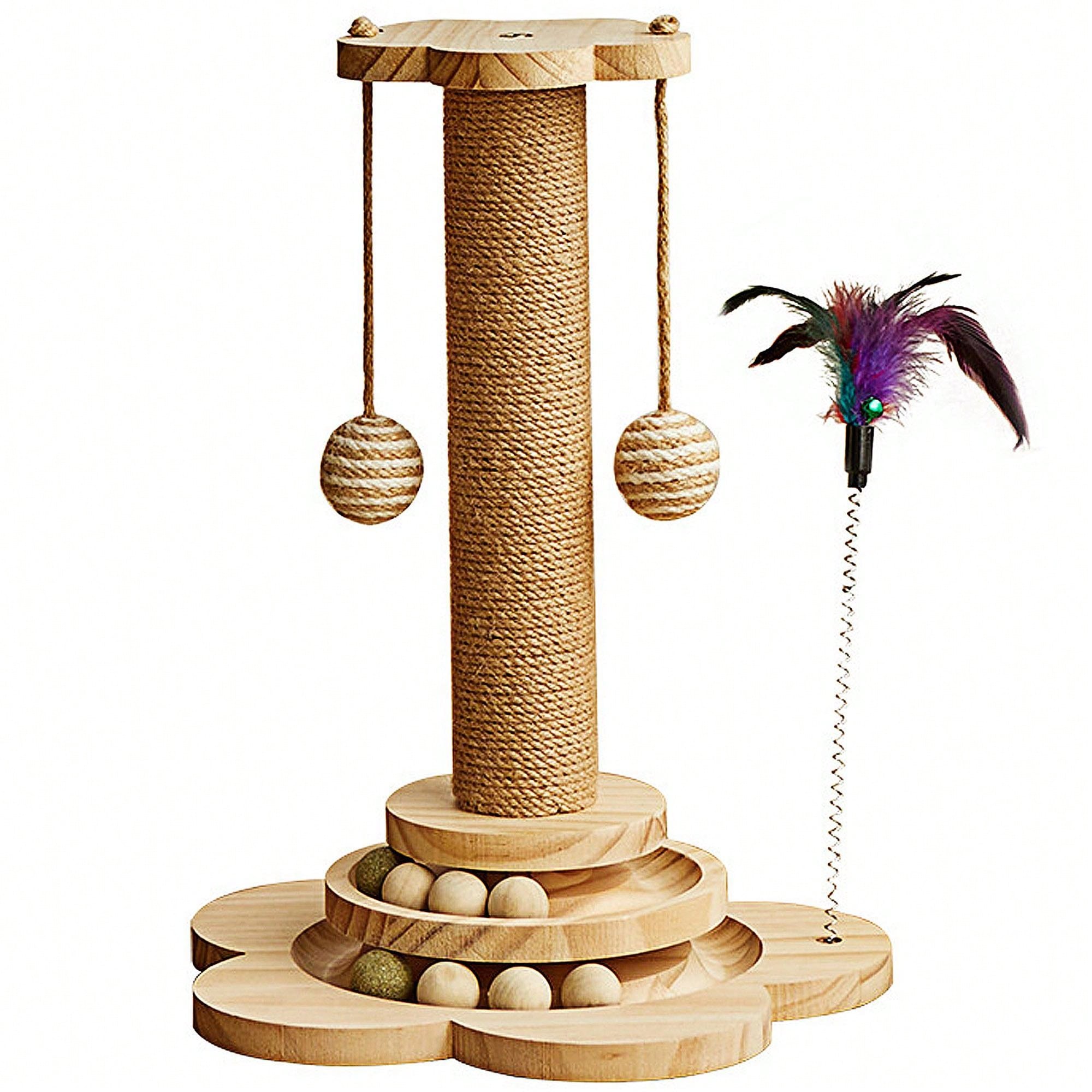 1pc Cat Toy Made Of Sisal Rope, Corrugated Board And Real Wood, Round Plate Design, Wear