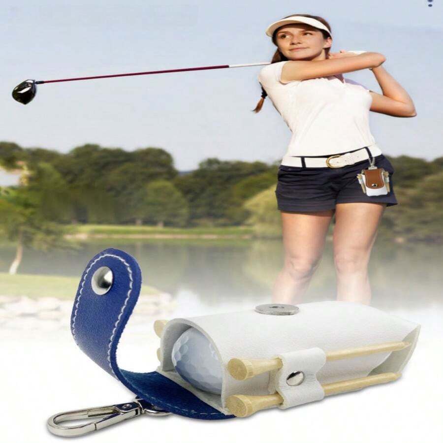 1pc Pu Leather Golf Waist Bag For Golf Ball Storage, 2pcs Golf Balls Included - Blue - View 1