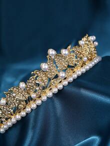 Handmade Bridal Flower, Rhinestone & Pearl Crown Headpiece For Wedding, Prom - Gold - View 2