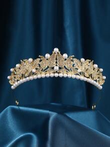 Handmade Bridal Flower, Rhinestone & Pearl Crown Headpiece For Wedding, Prom - Gold - View 1