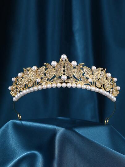 Handmade Bridal Flower, Rhinestone & Pearl Crown Headpiece For Wedding, Prom