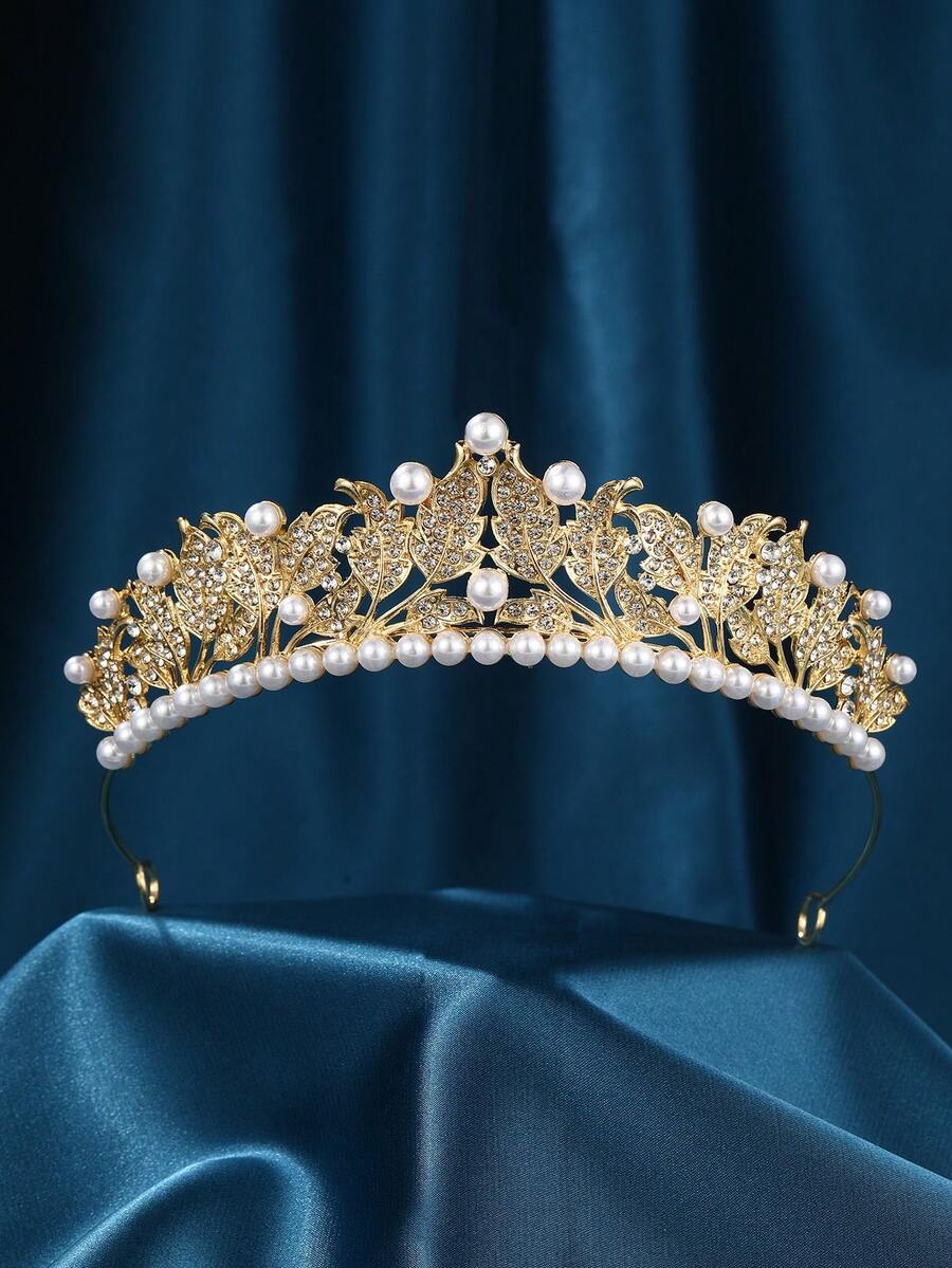 Handmade Bridal Flower, Rhinestone & Pearl Crown Headpiece For Wedding, Prom - Gold - View 1