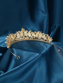 Handmade Bridal Flower, Rhinestone & Pearl Crown Headpiece For Wedding, Prom - Gold - View 3