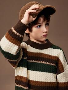 Tween Boy 休闲拼色条纹高领毛衣，秋冬款 - 彩色 - 查看 7