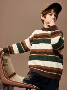 Tween Boy 休闲拼色条纹高领毛衣，秋冬款 - 彩色 - 查看 8