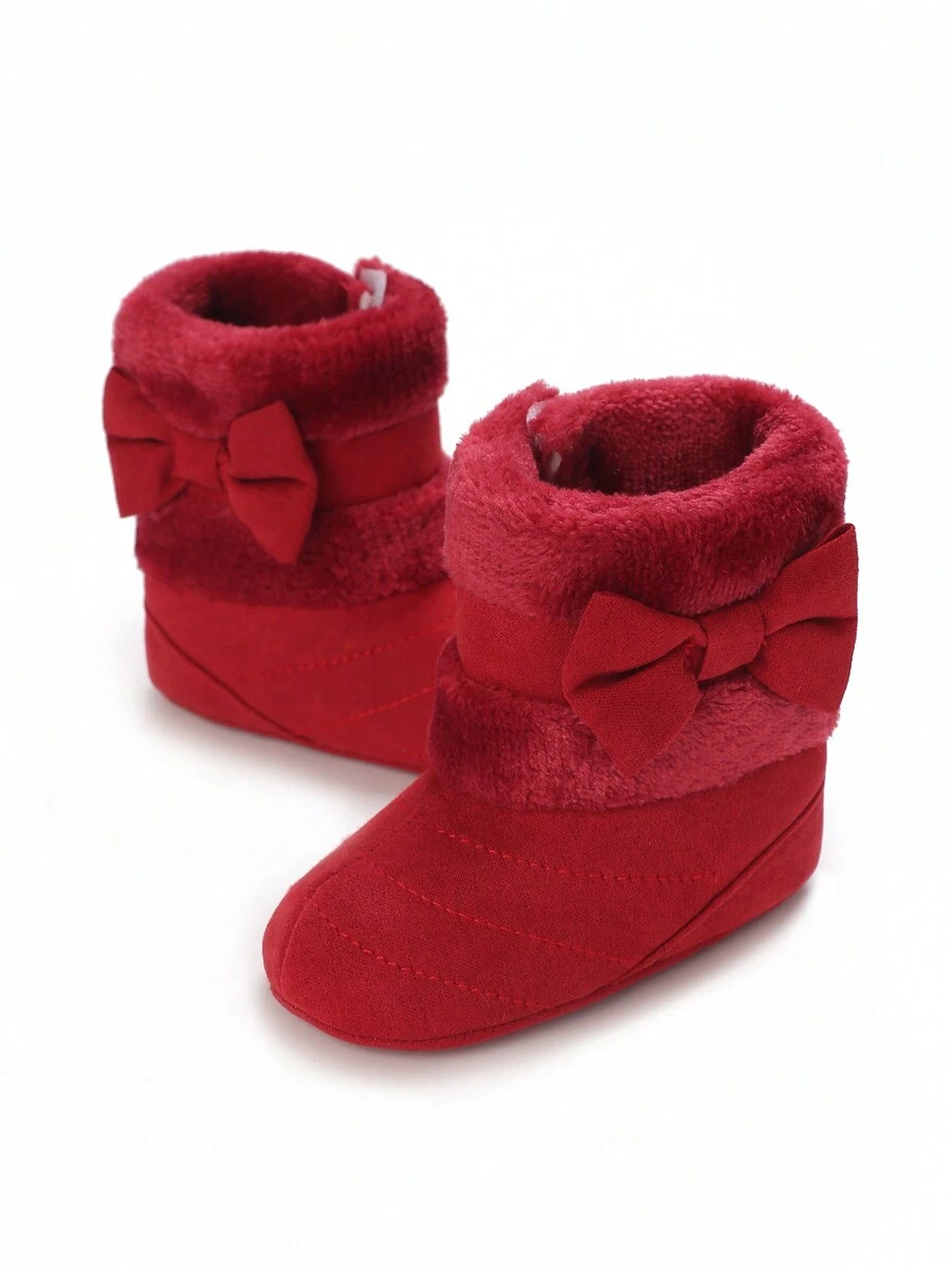 新生儿男孩和女孩冬季保暖内衬蝴蝶结雪地靴 - 紅色 - 查看 1