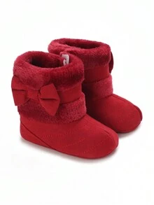 新生儿男孩和女孩冬季保暖内衬蝴蝶结雪地靴 - 紅色 - 查看 2