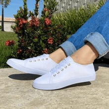 女士休闲鞋，春秋季百搭轻便平底系带白鞋 - 白色 - 查看 1
