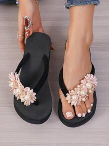 夏季女性翻轉拖鞋手工縫珠室內外時尚高跟拖鞋夏季楔形 - 粉色 - 查看 1