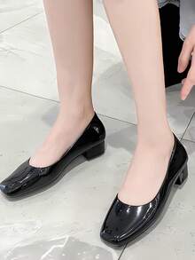 夏季方头女士粗跟鞋低帮平底凉鞋休闲低跟鞋 - 黑色 - 查看 4