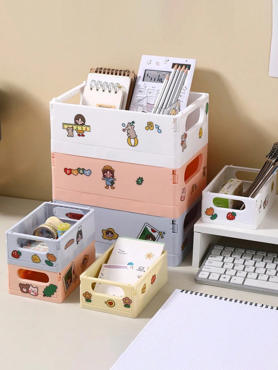 1個可摺疊桌面收納盒,適合化妝品,珠寶和玩具-帶手柄的可疊式塑料容器,理想用於辦公室,浴室和家庭使用 - 粉色 - 查看 1