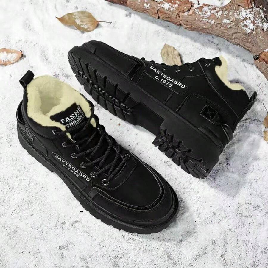 男款冬季雪地靴，保暖毛茸內裡雪鞋 - 黑色 - 查看 1