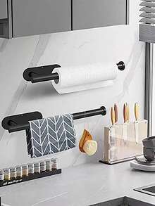 1入套不鏽鋼掛式紙巾架廚房櫥櫃下層存儲架,可放置餐巾,保鮮膜,碗布和其他家庭廚房用品 - 黑色 - 查看 2