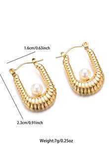 1pair Fashionable U-Shaped Titanium Steel 18k Gold Plated Enamel & Pearl Decor Hoop Earrings Suitable For Women'S Daily Wear - U Shaped Earrings - View 14