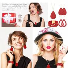4 Pieces Women's Glitter Jewelry Set Bridal Wedding Multi-Layer Bracelet Faux Leather Dangle Earrings Necklace - Red - View 6
