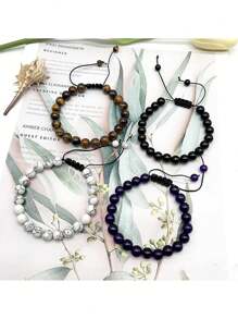 1 PC 8mm Semi-Precious Gemstone Bracelet Set Healing Crystal Stone Bracelets For Men Women Round Beaded Adjustable Macrame Bracelets