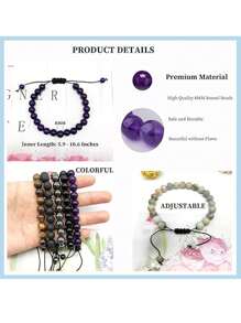 1 PC 8mm Semi-Precious Gemstone Bracelet Set Healing Crystal Stone Bracelets For Men Women Round Beaded Adjustable Macrame Bracelets