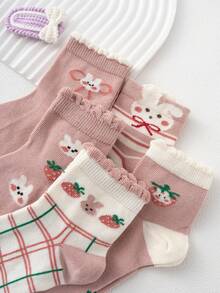 5pairs Cute Rabbit, Strawberry, Checkered & Striped Design Fashionable Mid-calf Socks For Daily Wear - Multicolor - View 3