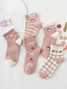 5pairs Cute Rabbit, Strawberry, Checkered & Striped Design Fashionable Mid-calf Socks For Daily Wear - Multicolor - View 2