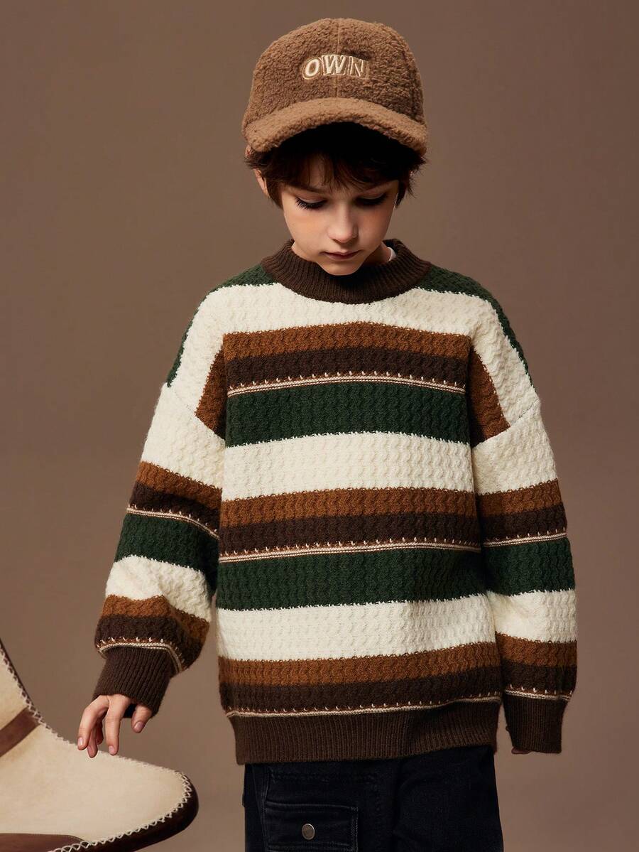 Tween Boy 休闲拼色条纹高领毛衣，秋冬款 - 彩色 - 查看 1
