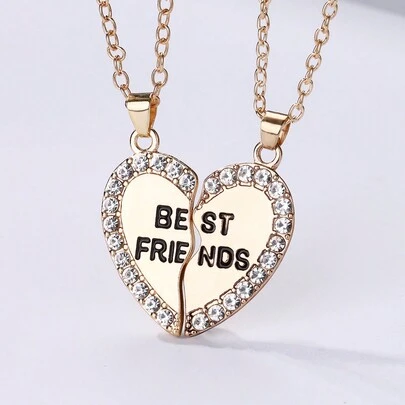 2pcs/Set Best Friend Necklace , Heart-Shaped Stitching Black Letters Rhinestone Pendant , Best Friend Necklace Jewelry Gift