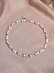 1pc 18K Gold Plated Natural Pearl & Colorful Gemstone Necklace, Fashionable Jewelry Suitable For Women, Daily Wear, Valentine's Day, Mother's Day, Birthday, Engagement, Wedding, Bridal Gift - Multicolor - View 4