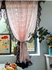 1面復古女孩黑色蕾絲粉色透紗簾,花織浪漫咖啡廳門簾,廚房家居裝飾紗簾 - 淺粉色 - 查看 3