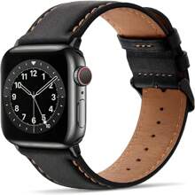 男女通用皮革表帶,與apple手表配帶49mm 45mm 44mm 42mm,頂級粒面真皮替換錶帶,適用於ultra Se2 Se Series 8 7 6 5 4 3 2 1 - 黑色 - 查看 1