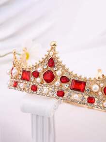 King Crowns For Men- Baroque Vintage Rhinestone Crystal Crown, Men'S Full Kings Crown For Theater Prom Party Tiaras - Red - View 3