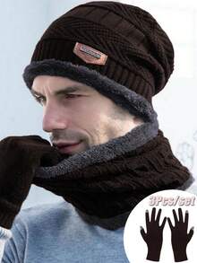 2 件 + 1 对保暖内衬加厚保暖无檐便帽、围巾和手套套装，带护耳 - 咖啡棕 - 查看 1