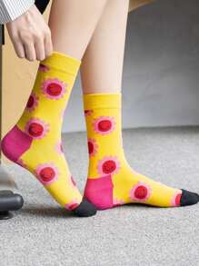 1 雙裝女用襪子快樂襪向日葵襪運動中小腿襪日常使用 - 彩色 - 查看 1