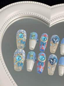 10入組長款手繪指甲,美白、鹹甜、藍色和怪物主題可愛美甲,完美貼合設計,適合女性日常工作和派對