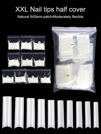 500pcs/Bag Natural Color False Nail Tips No-C Half Cover Xxl Water Pipe Shaped Nail Tips Press On Nails Nail Supplies