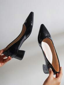 女士尖头红色仿石图案 4 厘米高跟鞋厚底绿色高跟鞋，海军蓝低帮休闲鞋，秋季高端感 - 黑色 - 查看 3