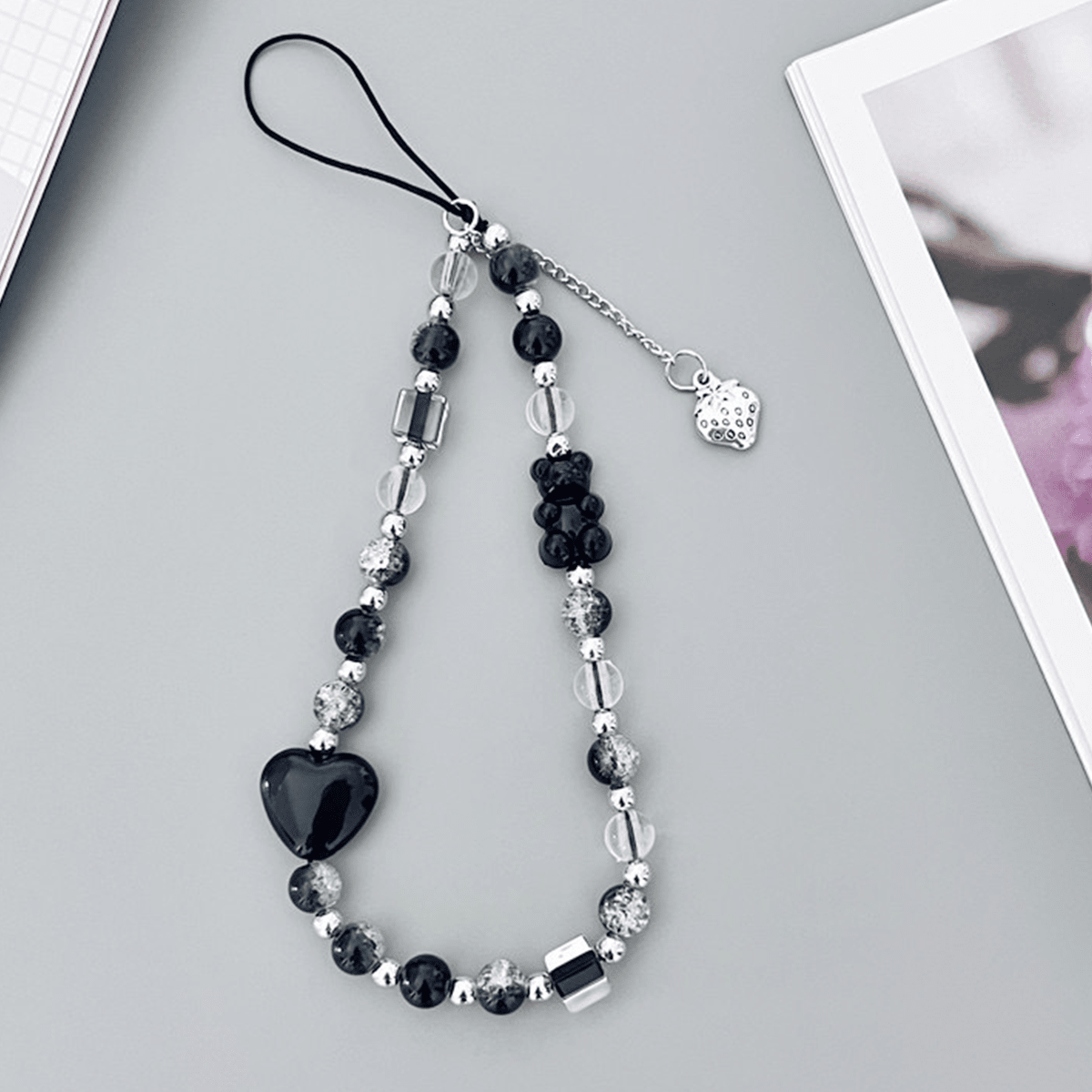 1pc Black Strawberry Shaped Pendant Bracelet With Cartoon Bear & Star Decor, Highlights Pearls And Adjustable String; It Can Be Used As Shoulder Strap For Mobile Phone Case Or Bag; A Love & Long Beaded Hand Strap Accessory With Gradient Smile Face, Flower, Bohemian & Minimalist Style Used As Decoration For Phone Case Or Chain Accessory Or Rope Accessory In Purple & Pink. Gifts For Mother, Family, Friends, Birthday, Holiday Phone Charm, Phone Chain
